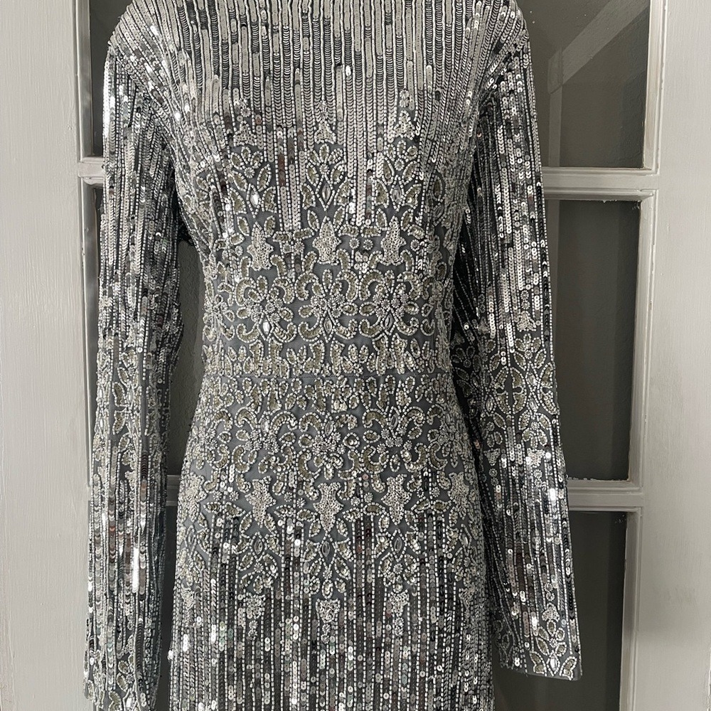 Mac Duggal Silver Long Sleeve Sequin Dress - Picture 9 of 14